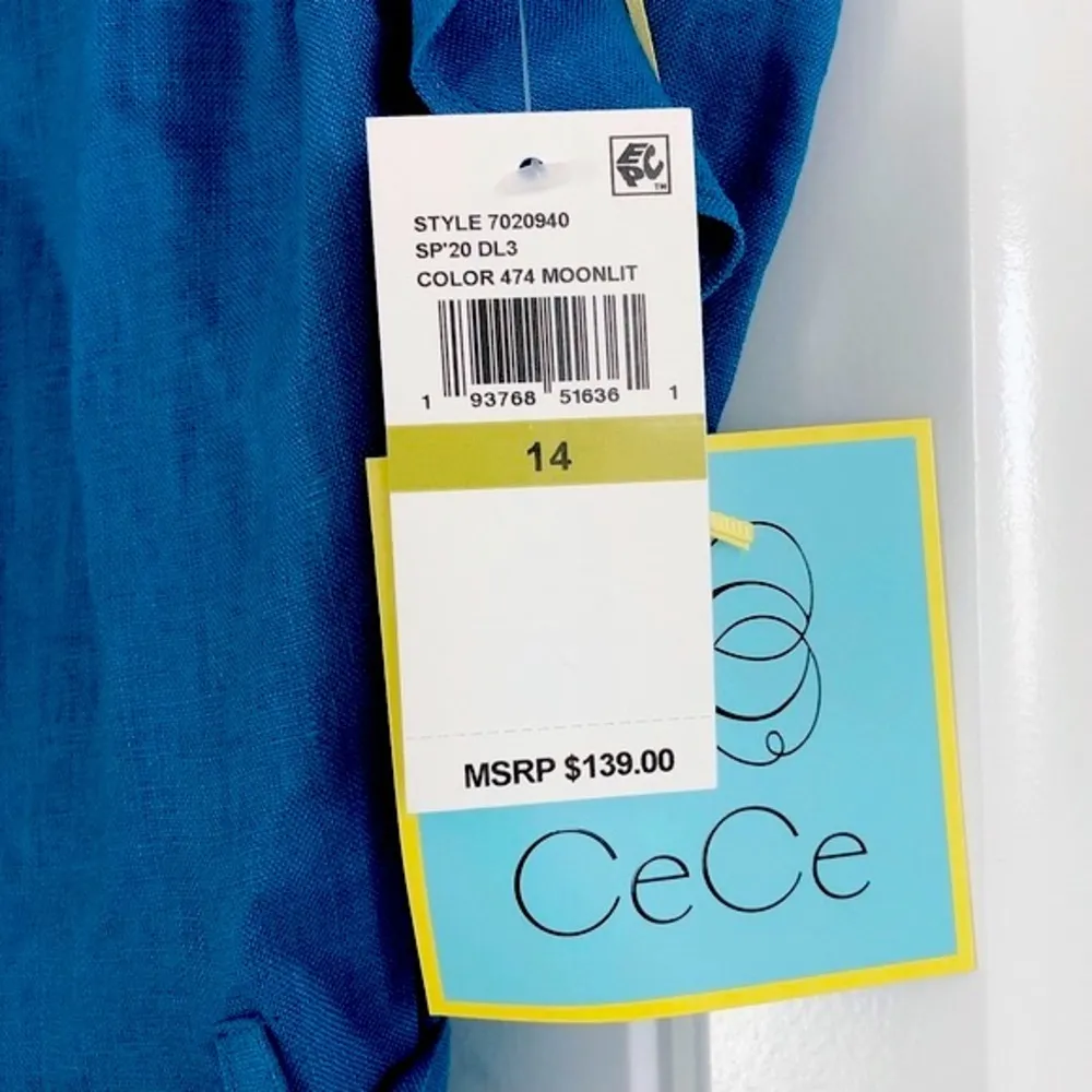 CeCe Linen Dress Flutter Sleeve Belted Blue Midi Size 14 New with Tag - Image 9