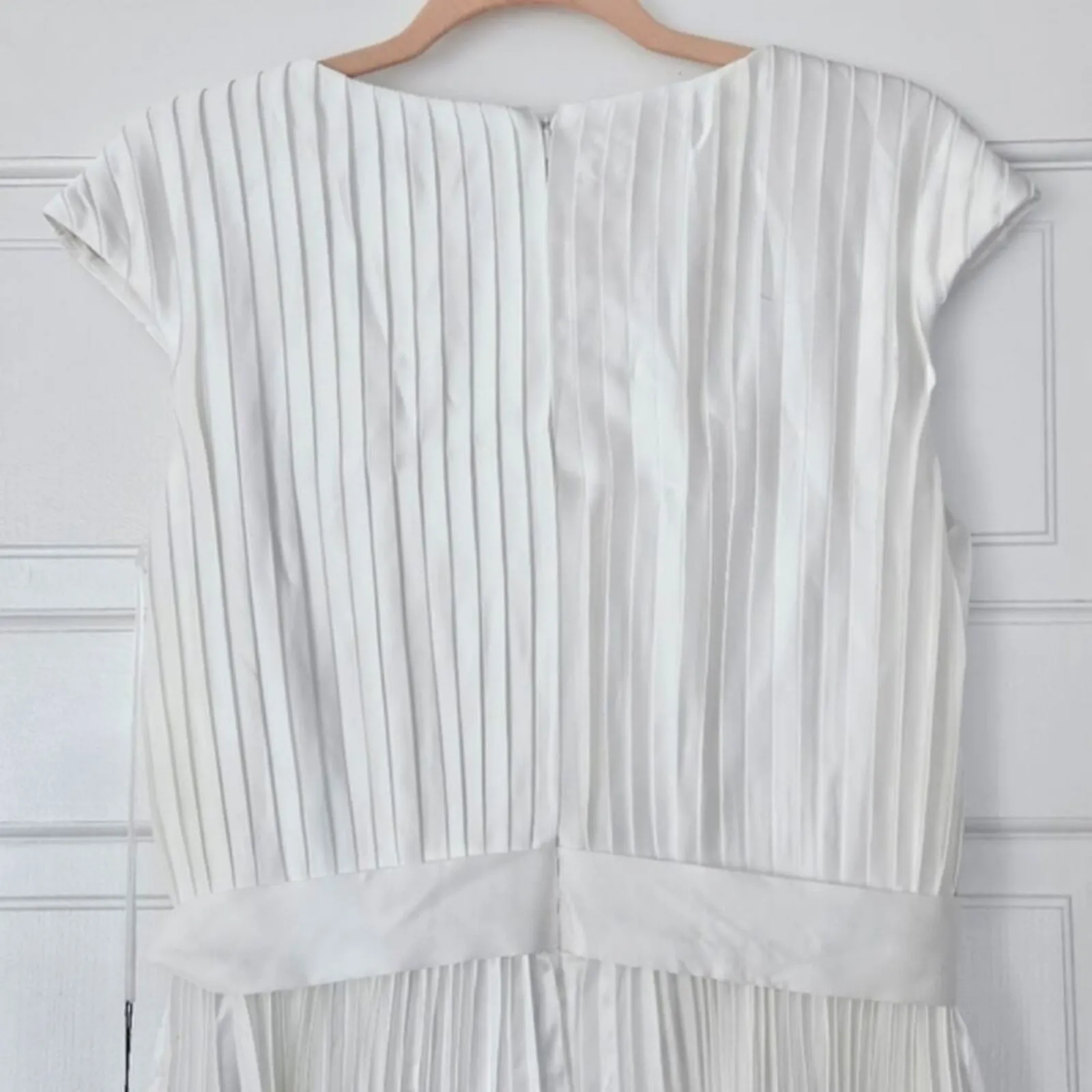 Ieena for Mac Duggal 26483 Pleated Cap Sleeve Belted A-Line White Midi Dress 8 - Image 7