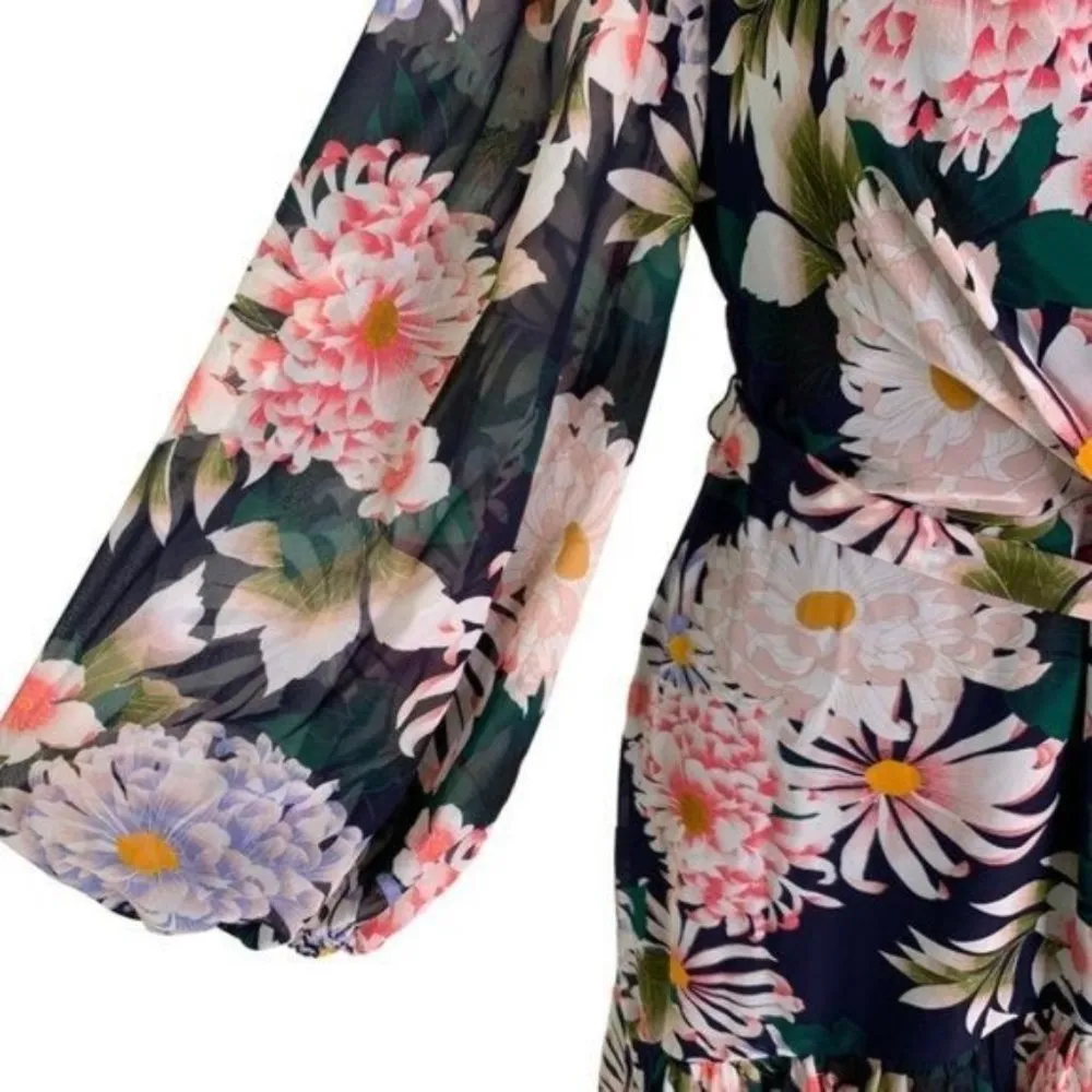 Eliza J Floral Long Sleeve High Low Faux Wrap Midi Dress Navy Size 6 NWT - Image 4