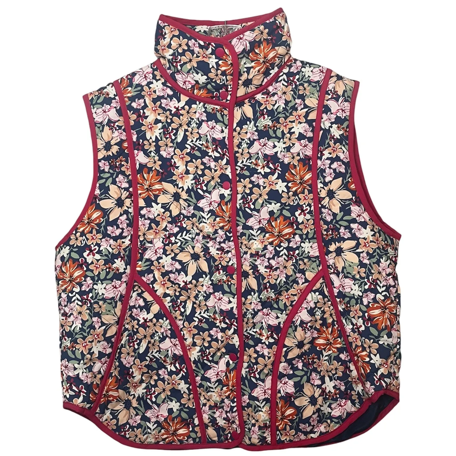 NWT Dokotoo Floral Quilted Puffer Vest Navy Burgundy Trim Snap Front Sz XL - Image 2