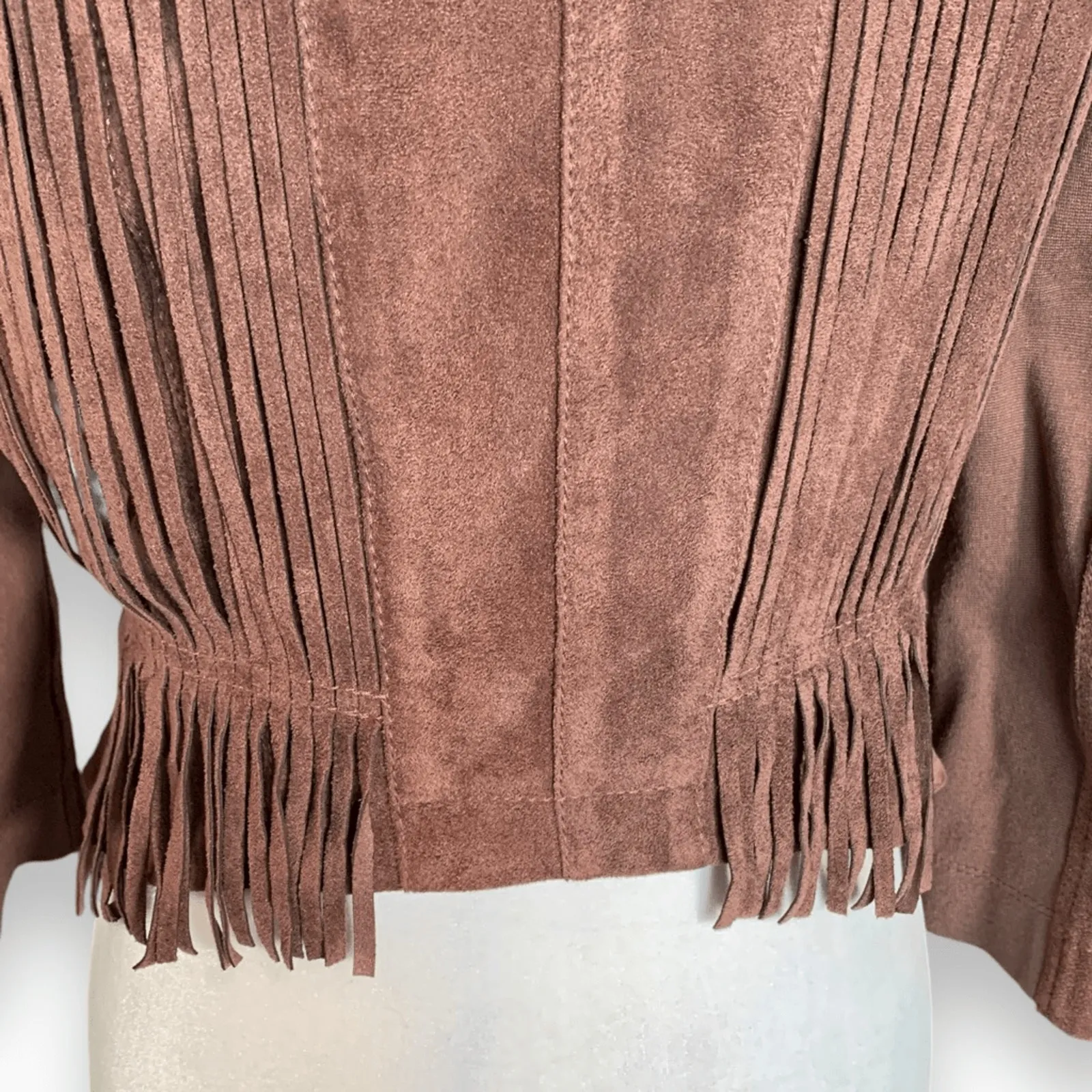BCBGMAXAZRIA Reiss Fitted Fringe Jacket Toffee Faux Suede Leather Size Small - Image 8