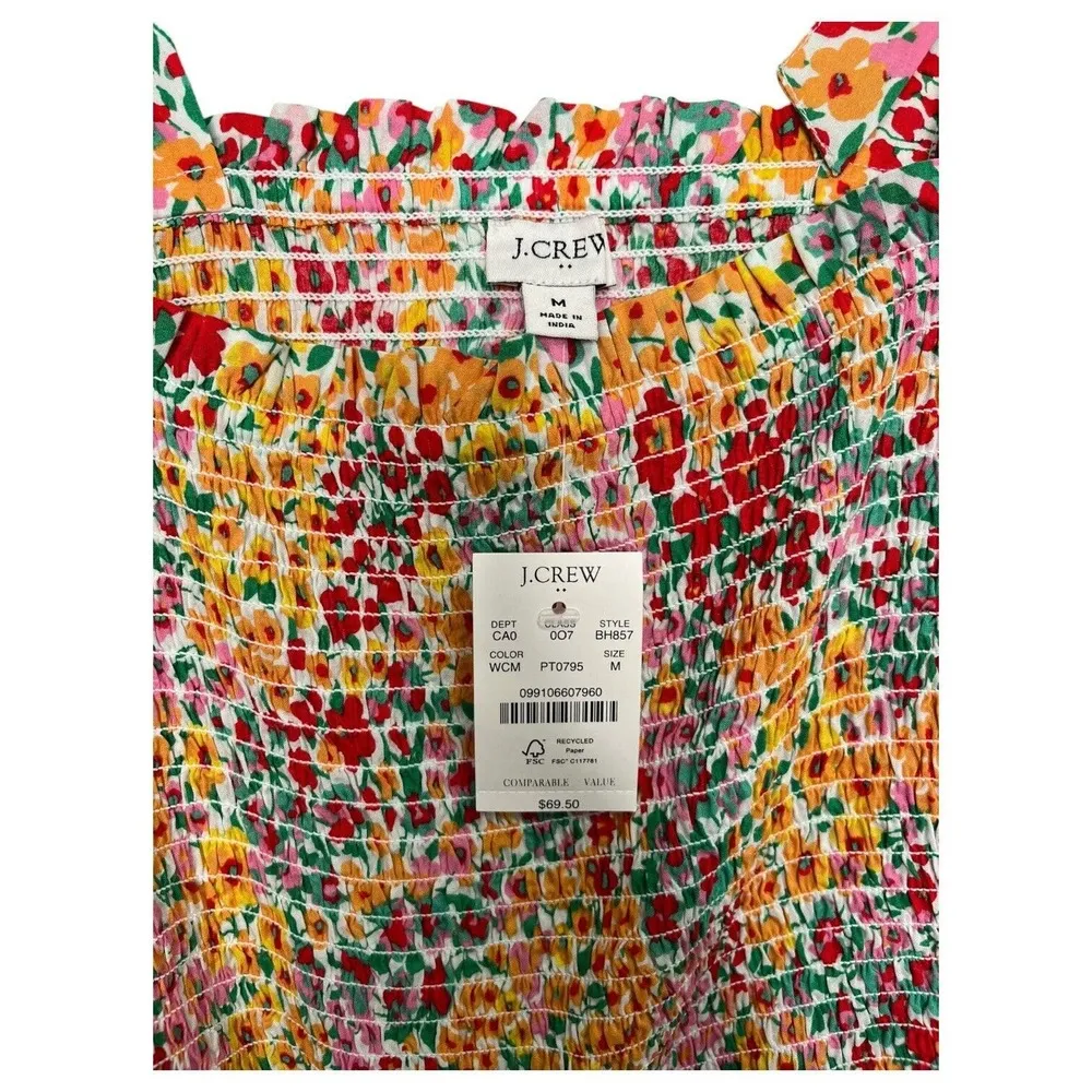 New J Crew Top Womens M Smocked Ditsy Floral Tie Shoulder Straps Tank Multi - Image 6