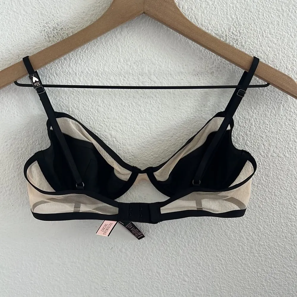 NWT Victoria's Secret Unlined Demi Bra Black Cream Mesh Underwired 32D - Image 2