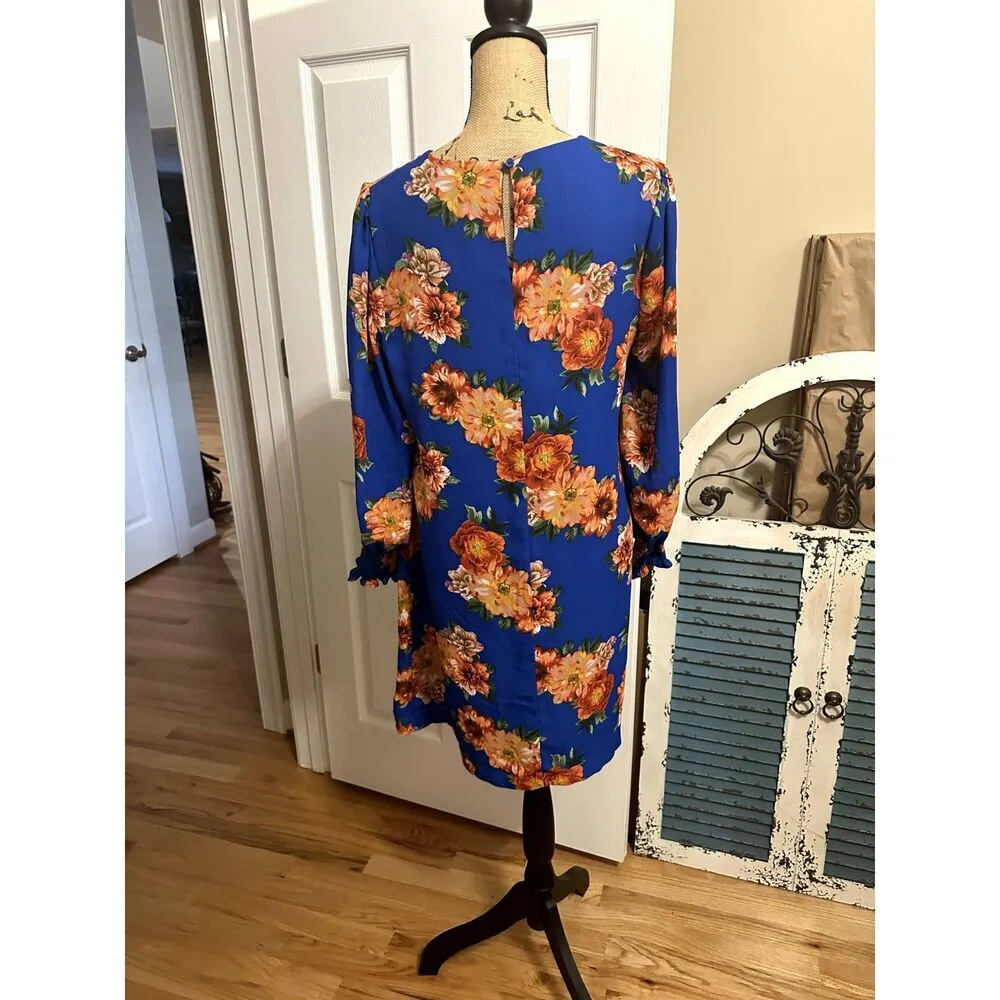 GIBSON LATIMER Women’s Shift Dress Size L  Blue Orange Floral Smocked Cuff Lined - Image 3