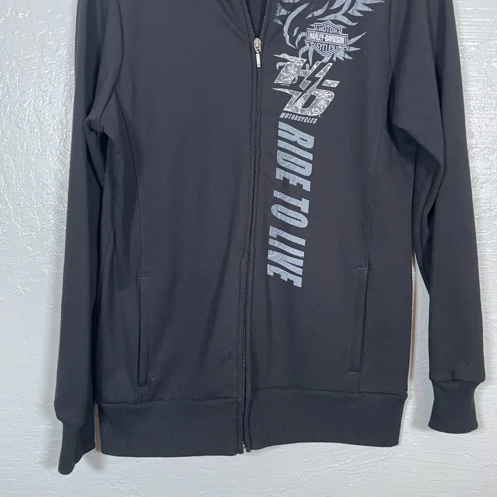 Harley Davidson Women L Black Graphic Print Full Zip Sweatshirt Pockets Biker - Image 2