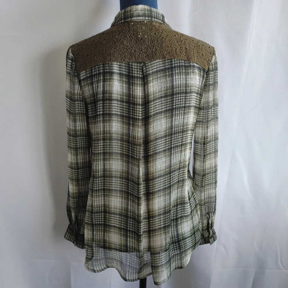 Band of Gypsies Sheer Plaid Button Down Shirt with Lace - Image 5
