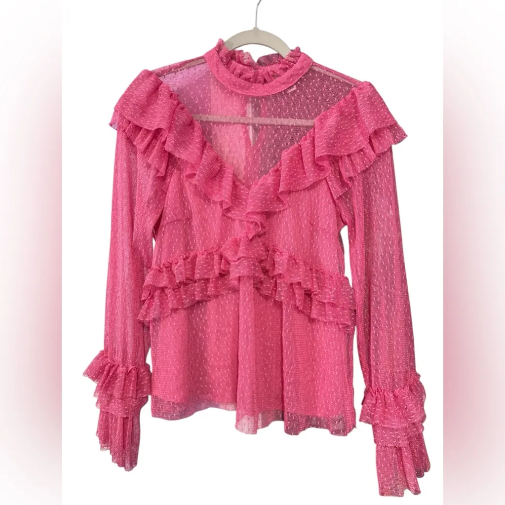 River Island Pink Lace Ruffle Longsleeve‎ Top Size 10 Gender Reveal Polka Dot - Image 2