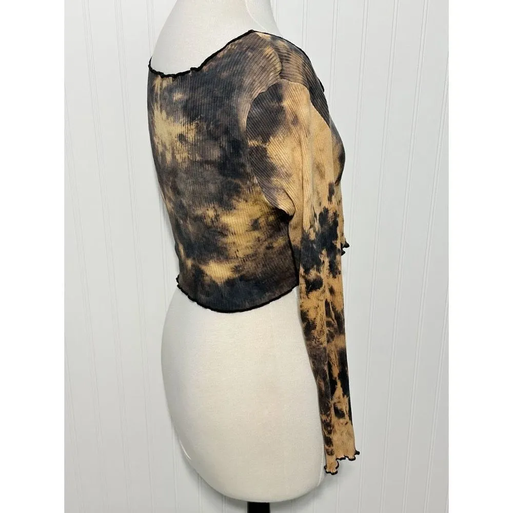Shein Women's Ribbed Tie Dye Lettuce Trim Long Sleeve Corp Top Black Brown Sz XL - Image 2