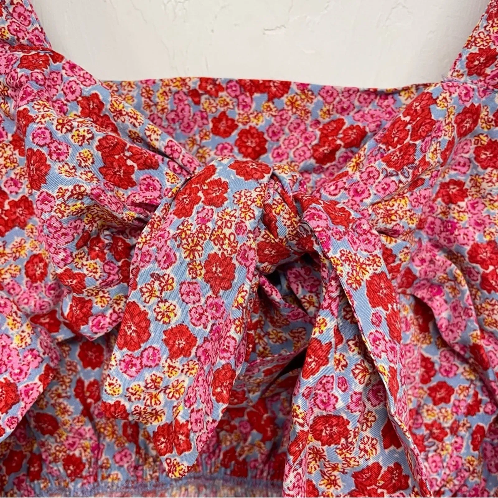 Pimkie Collection Pink & Red Ditsy Floral Ruffled Sleeve Cropped Blouse S - Image 5