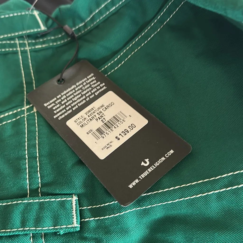 NWT True Religion Military Single needle Cargo Pants Aventurine Green Size 27 - Image 8