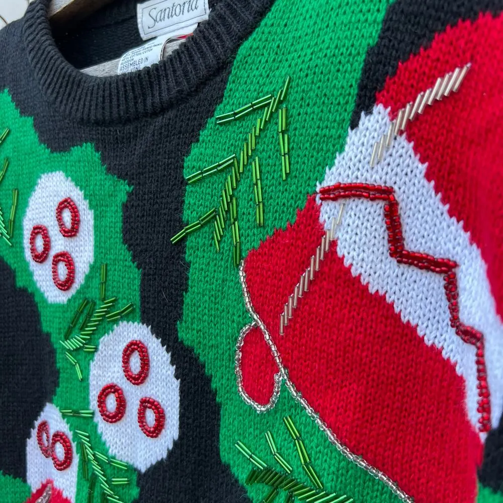 Vintage 90s Christmas Wreaths Bows Bells Bead Ugly Sweater Tunic SMALL Black - Image 2
