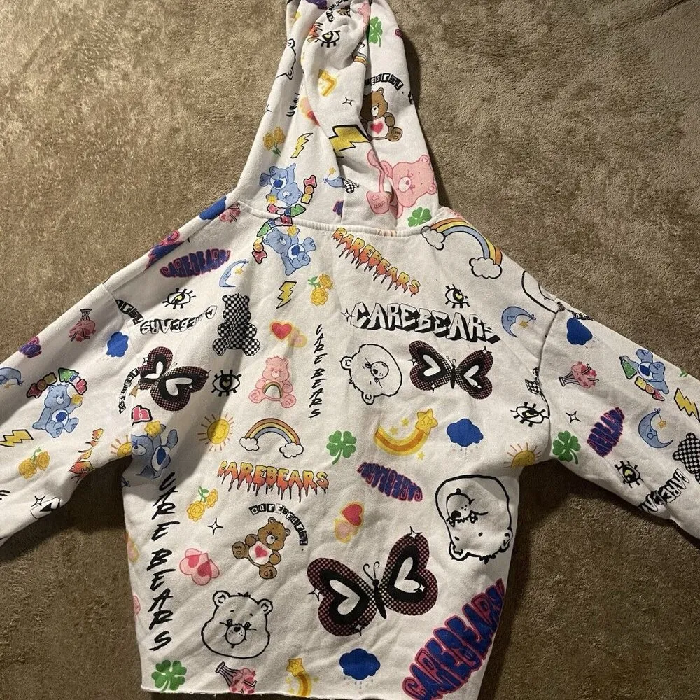 Care Bears Hoodie Womens S Cropped Long Sleeve Graphic White Pink Kidcore Y2K - Image 3