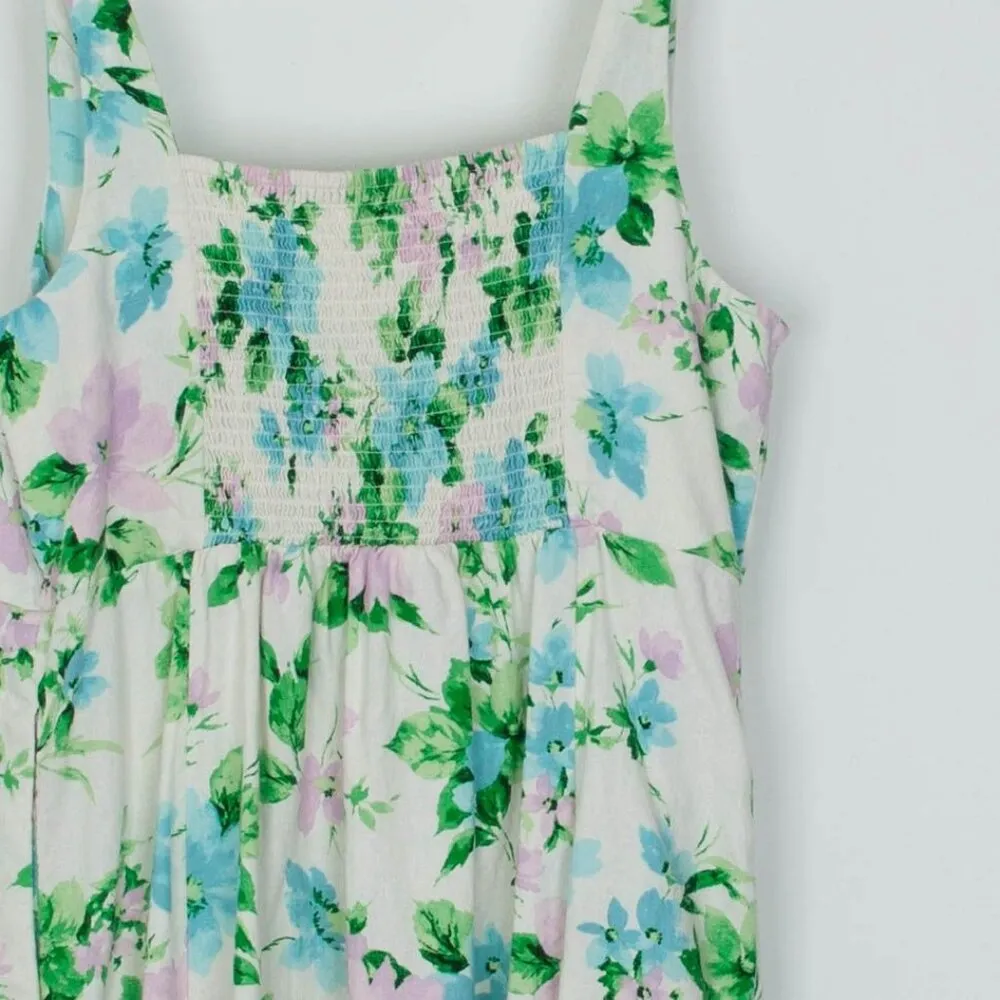 Old Navy Womens Floral Linen Midi Dress Size XL White Smocked Cottagecore Spring - Image 8