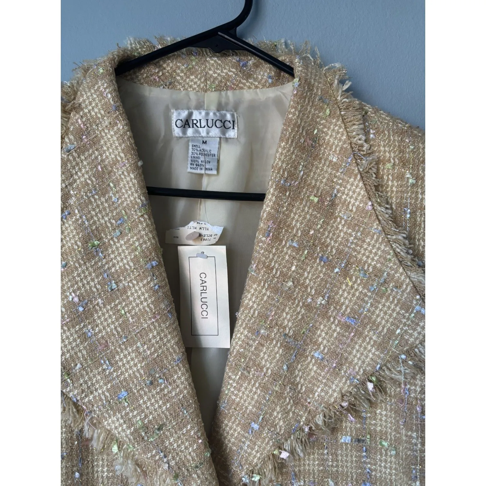 Vintage Carlucci Tweed Boucle Blazer Jacket Tan Cream Fringe Med Office Wear NWT - Image 3