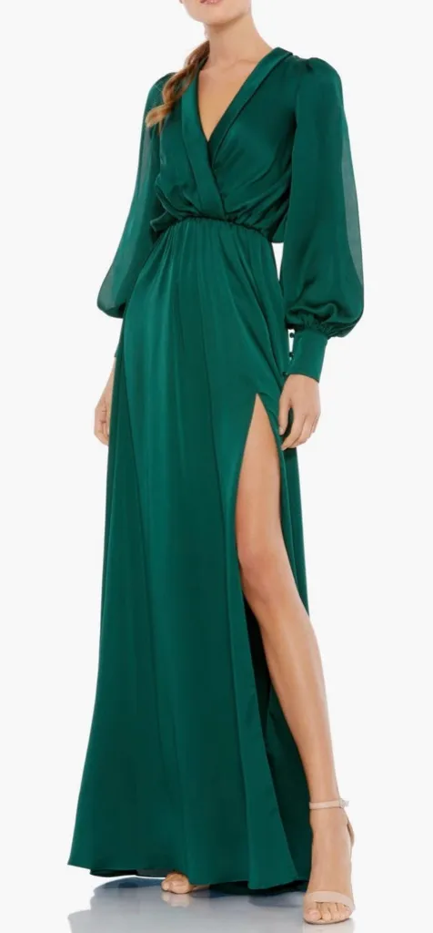 Ieena for Mac Duggal Split Sleeve Faux Wrap Gown Deep Emerald Size 10 49146 NWT - Image 1