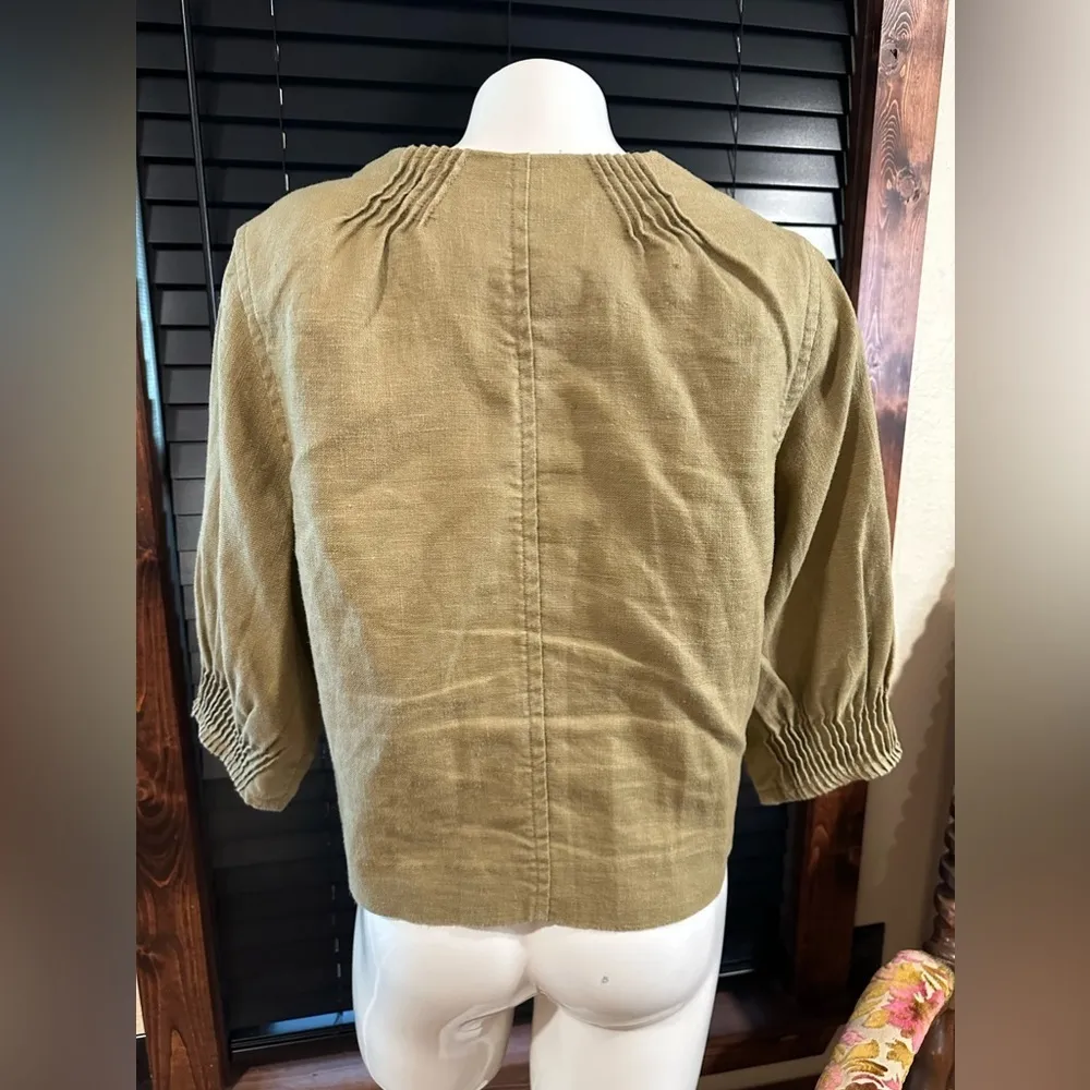 NWOT Live A Little Linen Olive Green Crew Neck Balloon Sleeve Casual blazer Sz M - Image 9