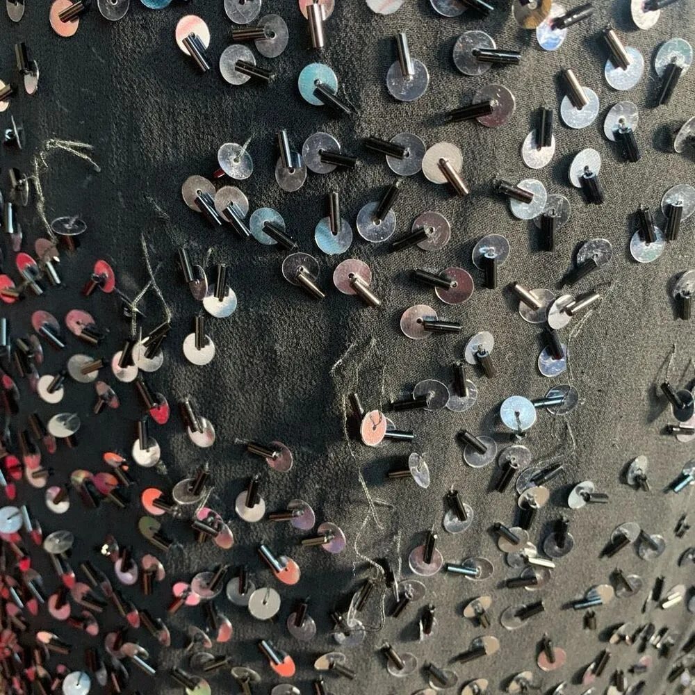 Vintage 80s Cocktail Dress Silk Black Metallic Sequin Fringe Sleeve Size 10 - Image 12