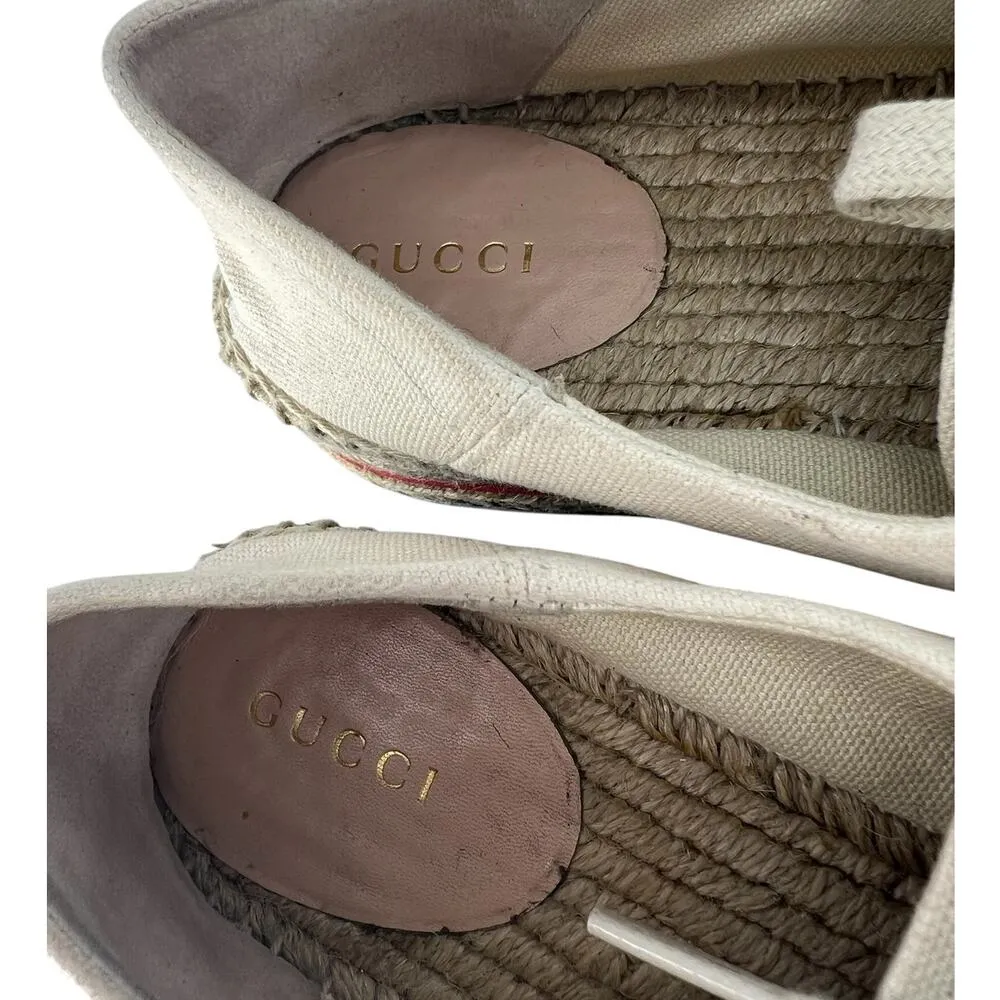 Gucci  Cream Lace Up Canvas Logo Platform Espadrilles - Image 10