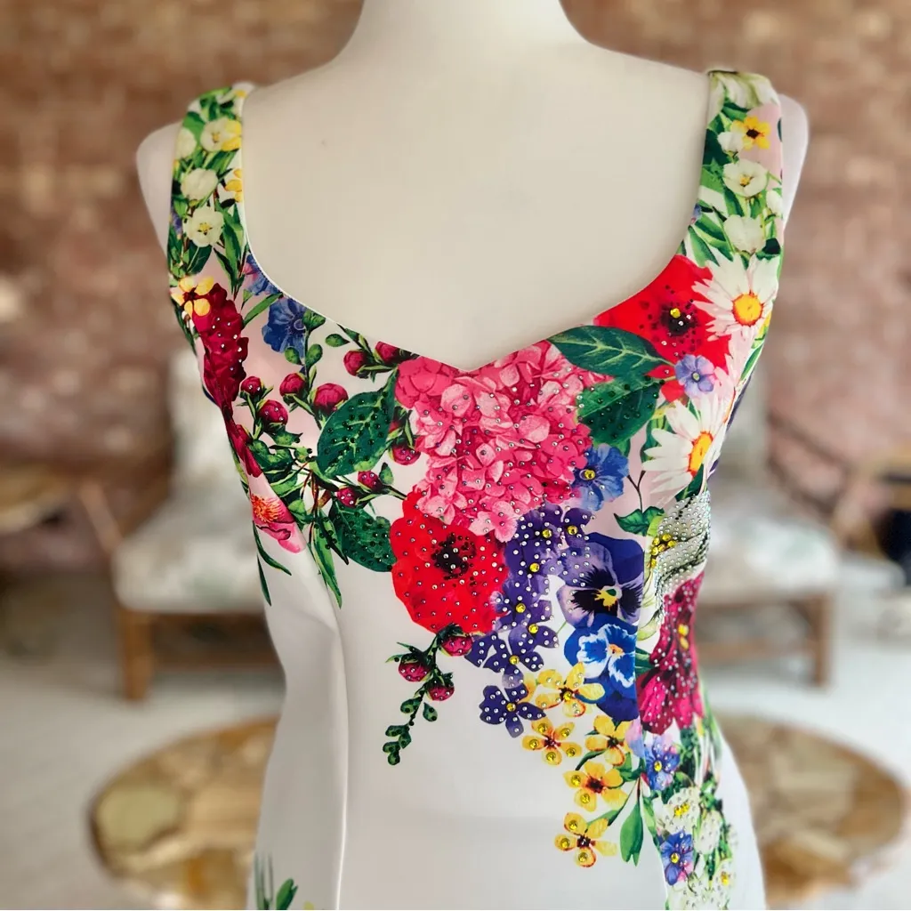 Venus Dress Floral Asymmetrical Hem Rhinestone Sleeveless S Garden Cocktail Glam - Image 4