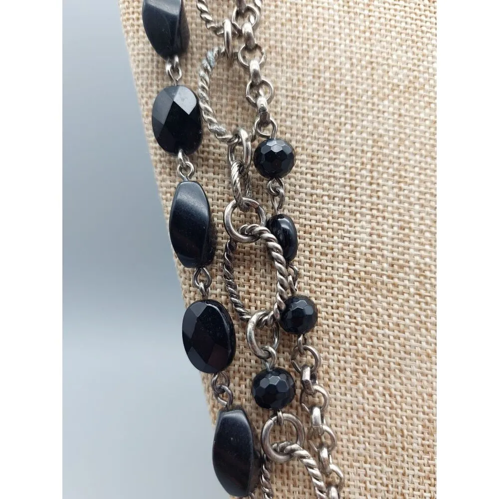Silver Tone & Black Bead Twisted Multi Chain Statement Necklace Layer Adjustable - Image 7