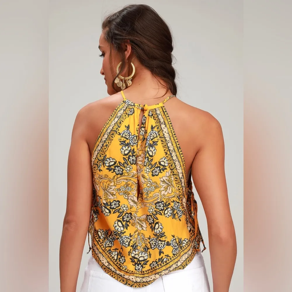 Sofia Floral Print Halter Crop Top - Golden Yellow - XS - Image 2