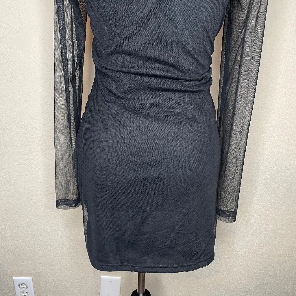 Booohoo Black Square Neck Ruched Mesh Bodycon Dress Sexy Coctail Party Sz 12 - Image 7