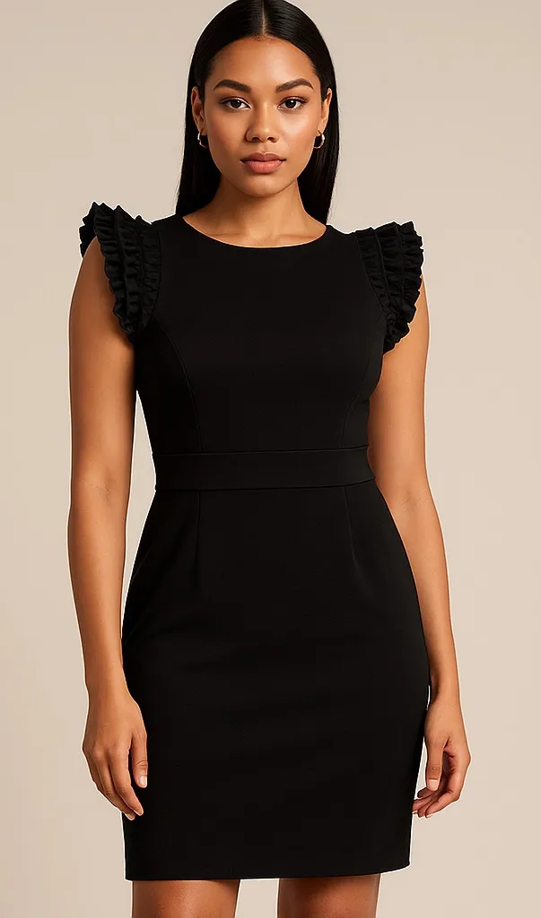 Saint Tropez West Black Ruffle Sleeve Sheath Size 8 Minimalist Quiet Luxury LBD - Image 1