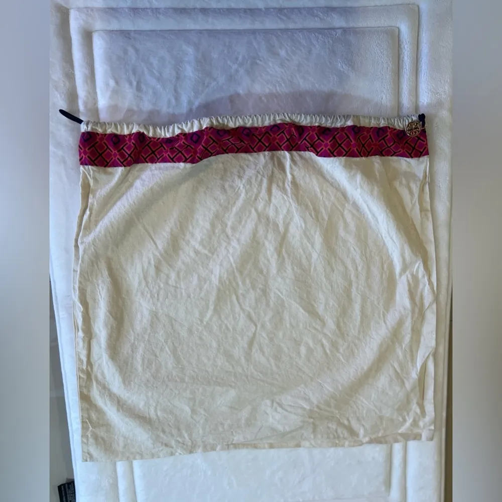 Tory Burch Canvas Drawstring Dust Bag 21" x 22" Metal Logo Charm Off White, Pink - Image 3