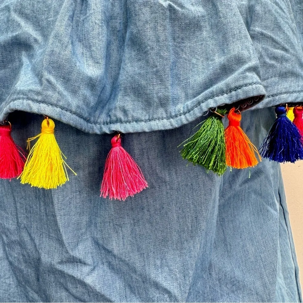 Blue Chambray Off Shoulder Ruffle Mini Dress Multicolored Tassels Forever 21 - Image 3