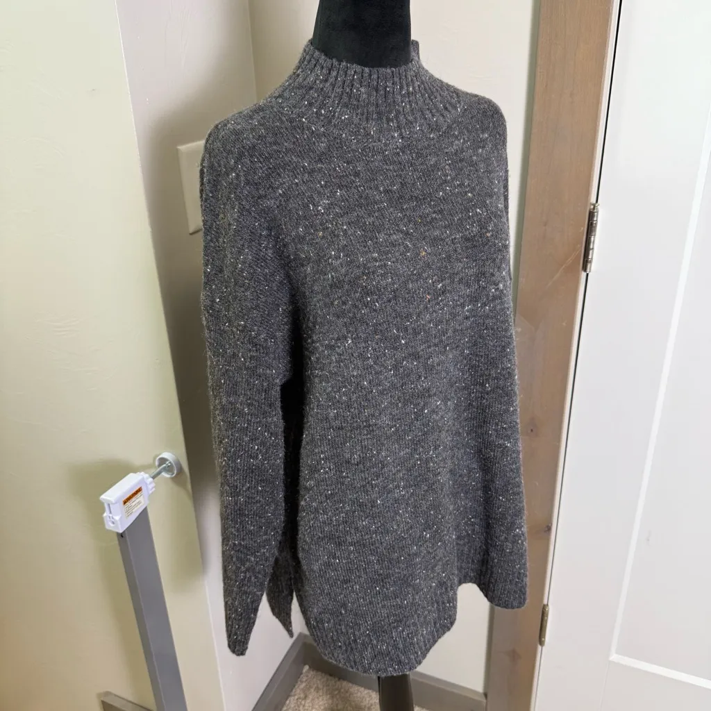 Well Worn Grey Mock Neck Knit Charcoal Grey Sweater Lagenlook Nep Yarn Oversize - Image 2