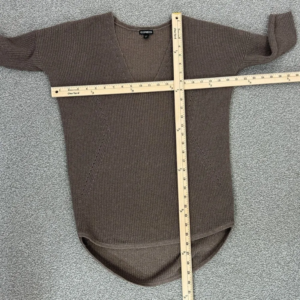 Express Deep V Neck Metallic Thread‎ Tunic Sweater Taupe Brown Copper Small - Image 11