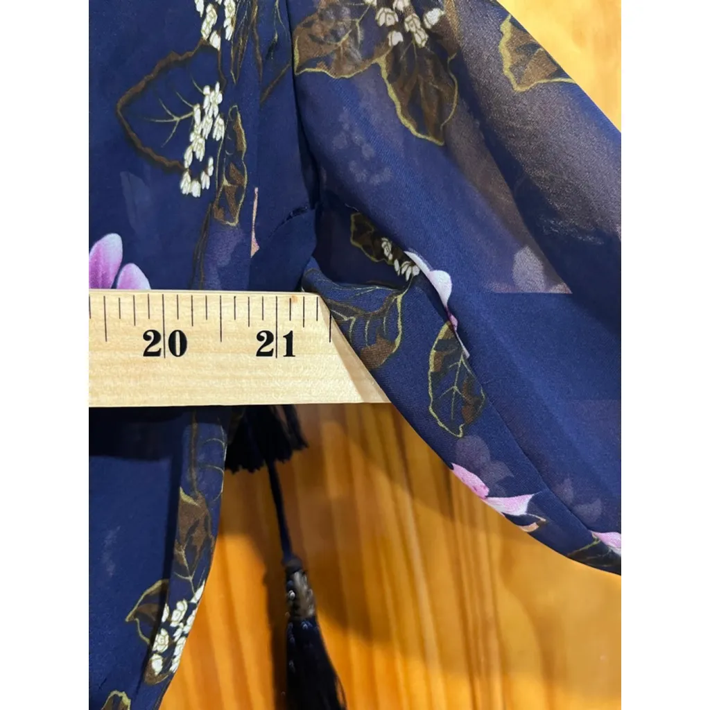 Mikael Aghal Navy Floral Ruffle Midi Dress Tassel Tie Women’s Size 4 Blue - Image 6