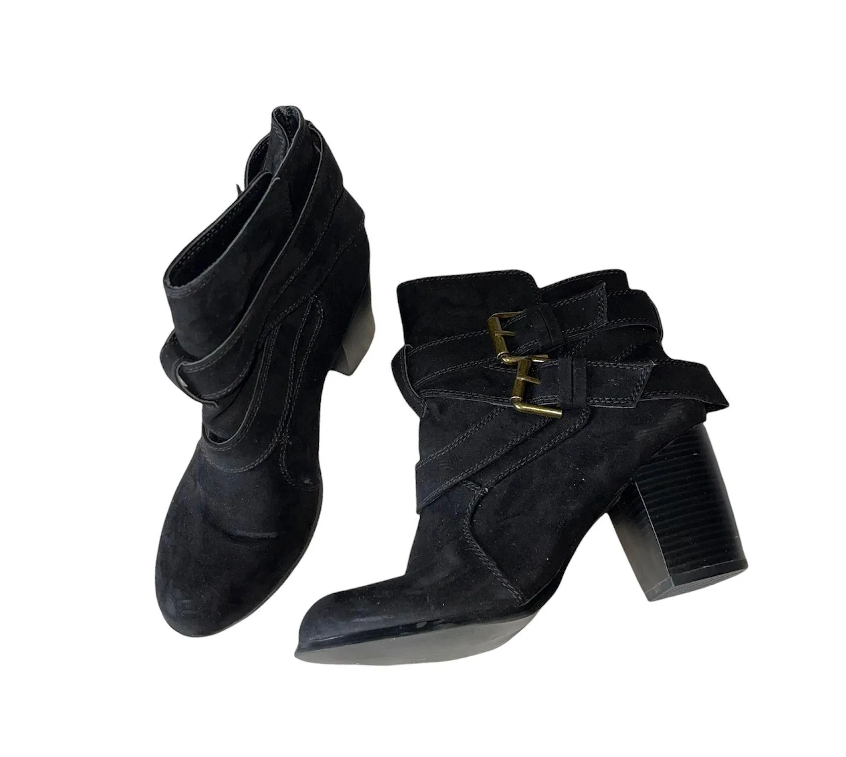 American Eagle Black Suede Buckle Block Heel Ankle Boots - Image 1