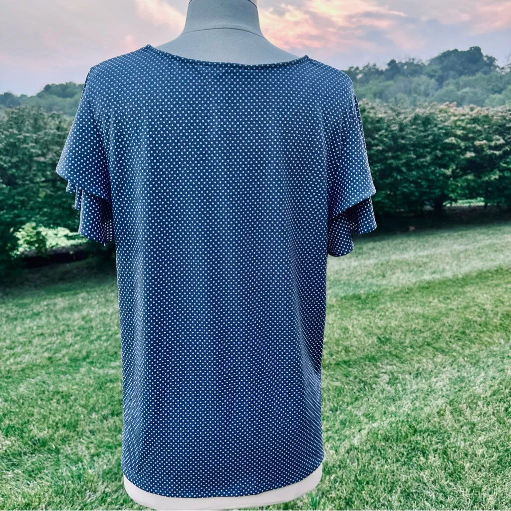 Adrianna Papell Blue & White Polka Dot 
Ruffle Short sleeve Blouse Size L - Image 9