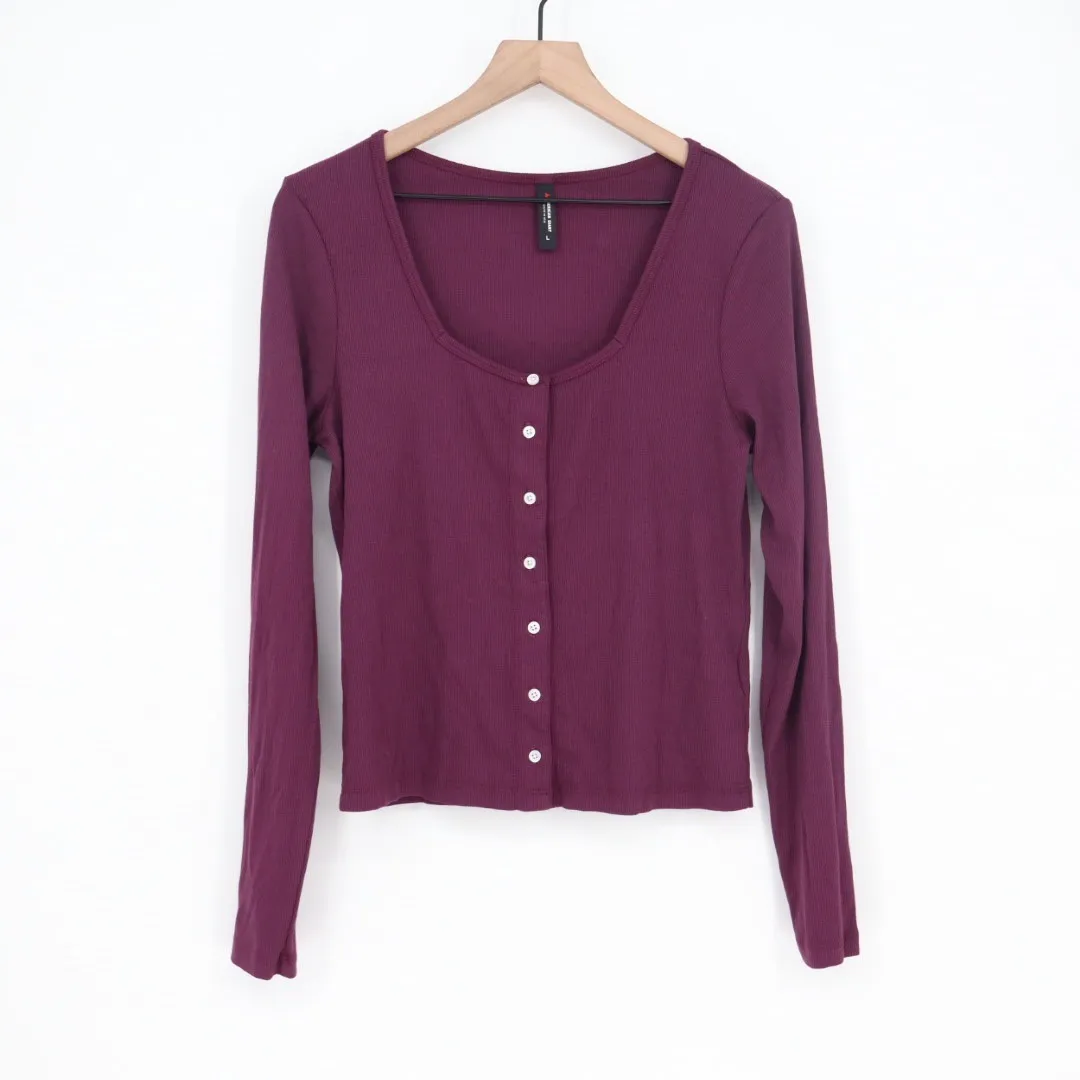 American Giant Ribbed Button Front Long Sleeve Crop Top Burgundy Size L Purple Size L - Image 2