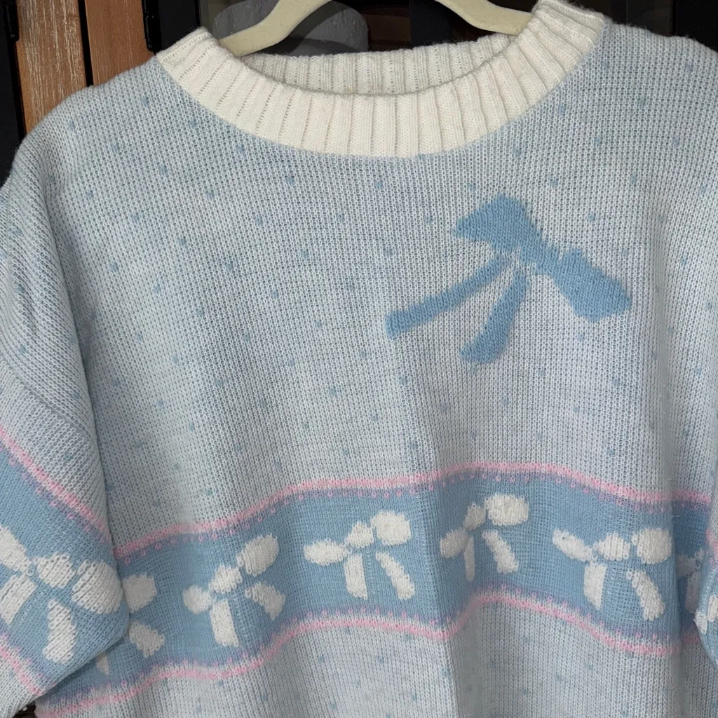 Vintage 80s Pastel Bow Sweater knit crewneck Pullover DELIVERYLtd grandmillenial Blue Size XL - Image 2