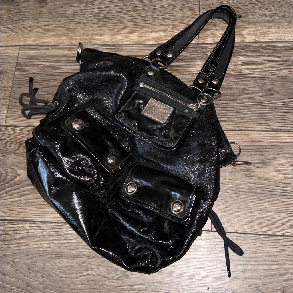 AUTH COACH POPPY GLOSSY CRINKLE PATENT LEATHER SATCHEL BAG PURSE 13869 BLACK - Image 11