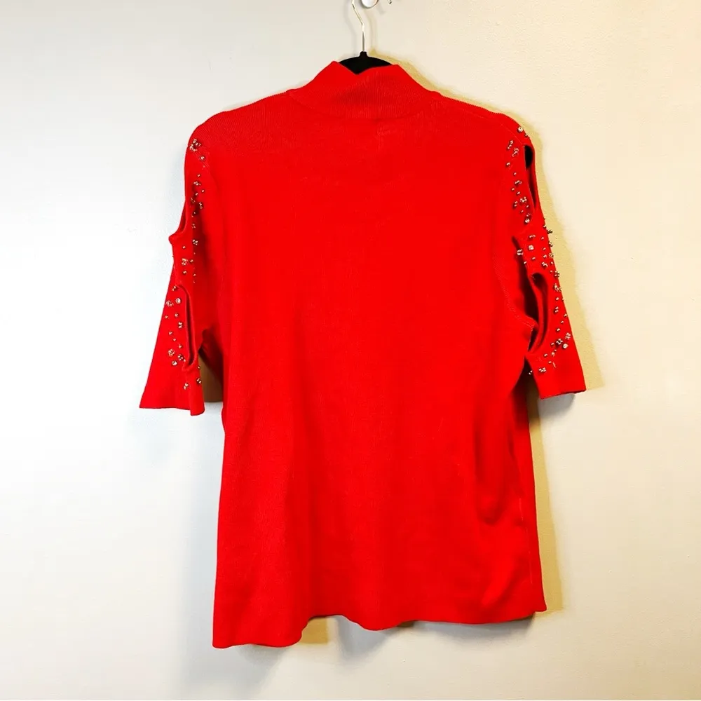 The Limited Knit Top Red Mock Neck Bejeweled Short Sleeve Cut Out Top Sz 3X NWT - Image 7