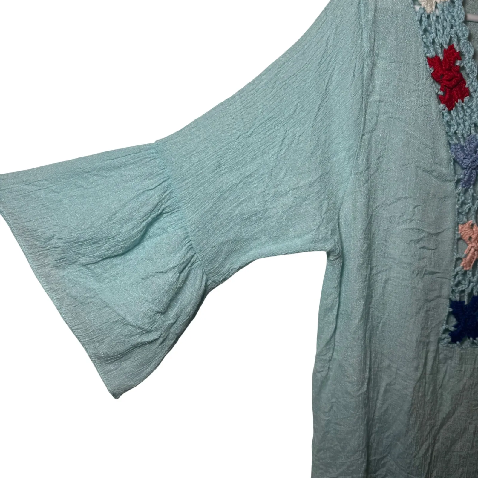 YOOMITO Womens Blue Crochet Butterfly V Neck Ruffle Hem Tunic Top Dress Sheet - Image 5