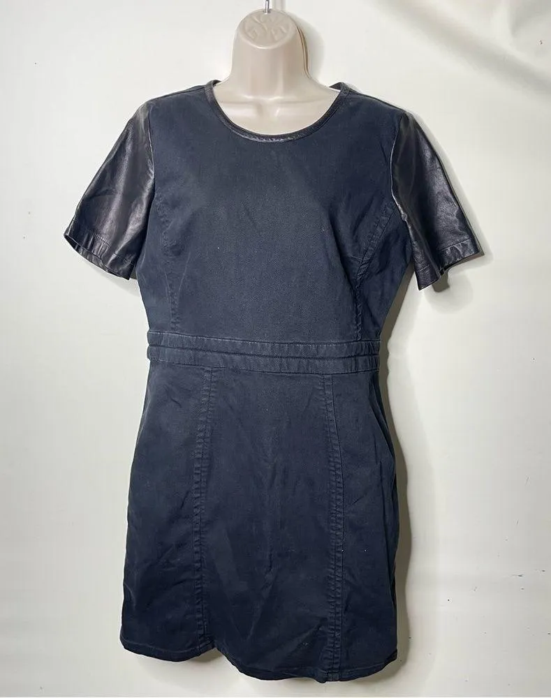 Marc by Marc Jacobs black denim mini dress leather sleeves sz 12 - Image 9