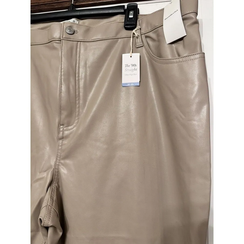 Abercrombie & Fitch 90s‎ Straight Ultra High Rise Tan Vegan Leather Pants 36/22L - Image 4