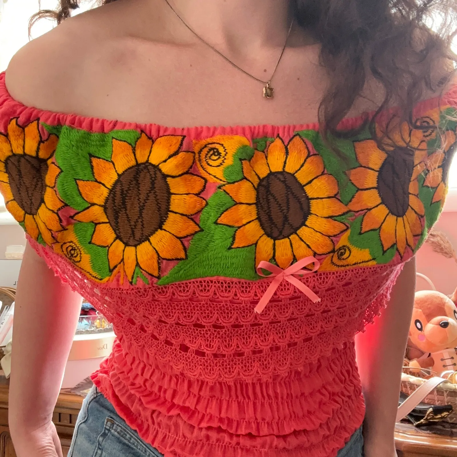 Cute Embroidered Sunflower Off the Shoulder Lacy Coral Ruched Blouse Bow - Image 2