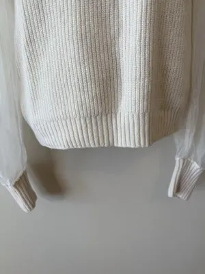 SEA New York Wool Sweater M Sheer Silk Organza Sleeve Pullover Ivory‎ Top Size M - Image 3