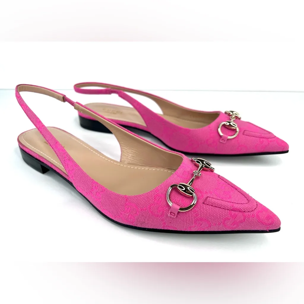 Gucci Horsebit GG Supreme Pink Canvas Slingback Charlotte Ballet Flats EU 39.5 - Image 14