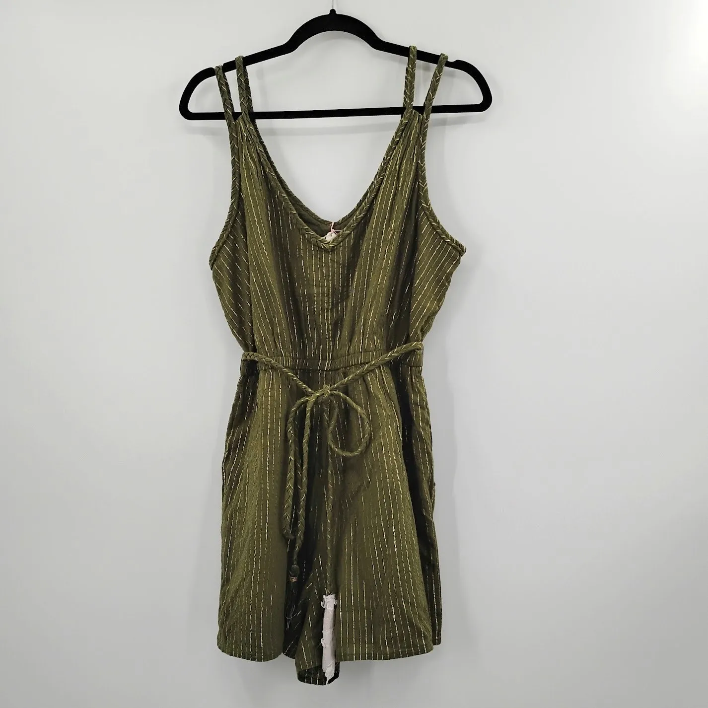 NWT Boden Grecian Playsuit Romper Green Metallic Gold Striped Pockets D0674 12 - Image 2