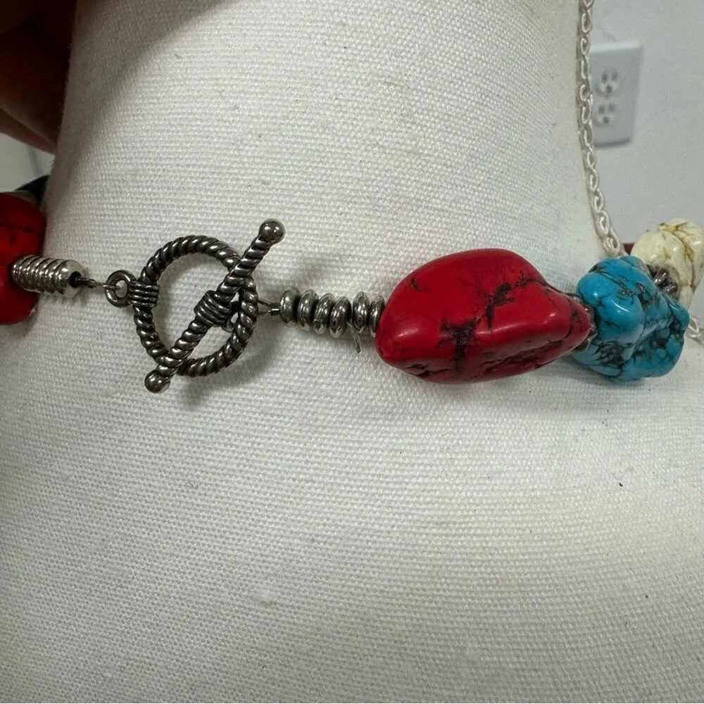 Handmade Artisan Teal Red & Natural Stone Beaded Necklace Jewelry Artsy Painted Green - Image 3