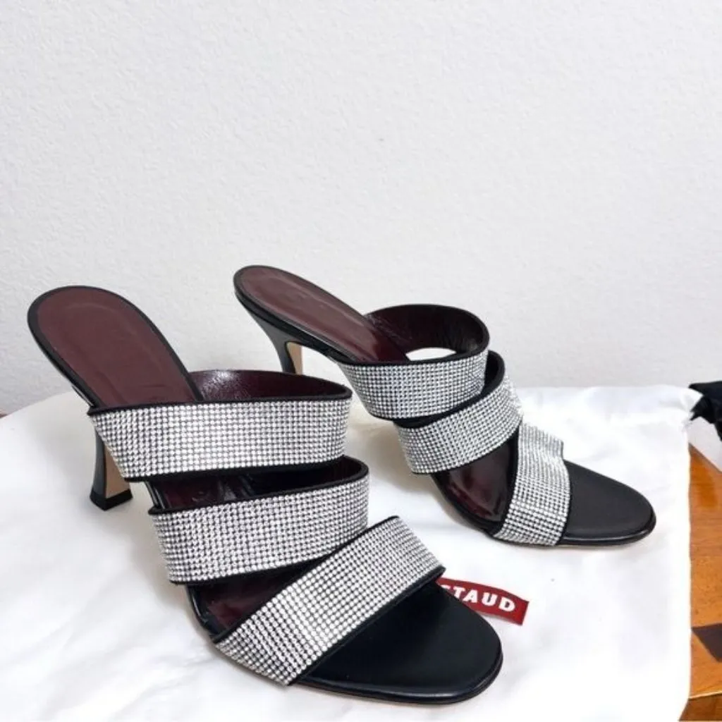 NEW Staud Sonny Rhinestone Sandal Heels 39.5 Black 9.5 Crystal Leather - Image 6
