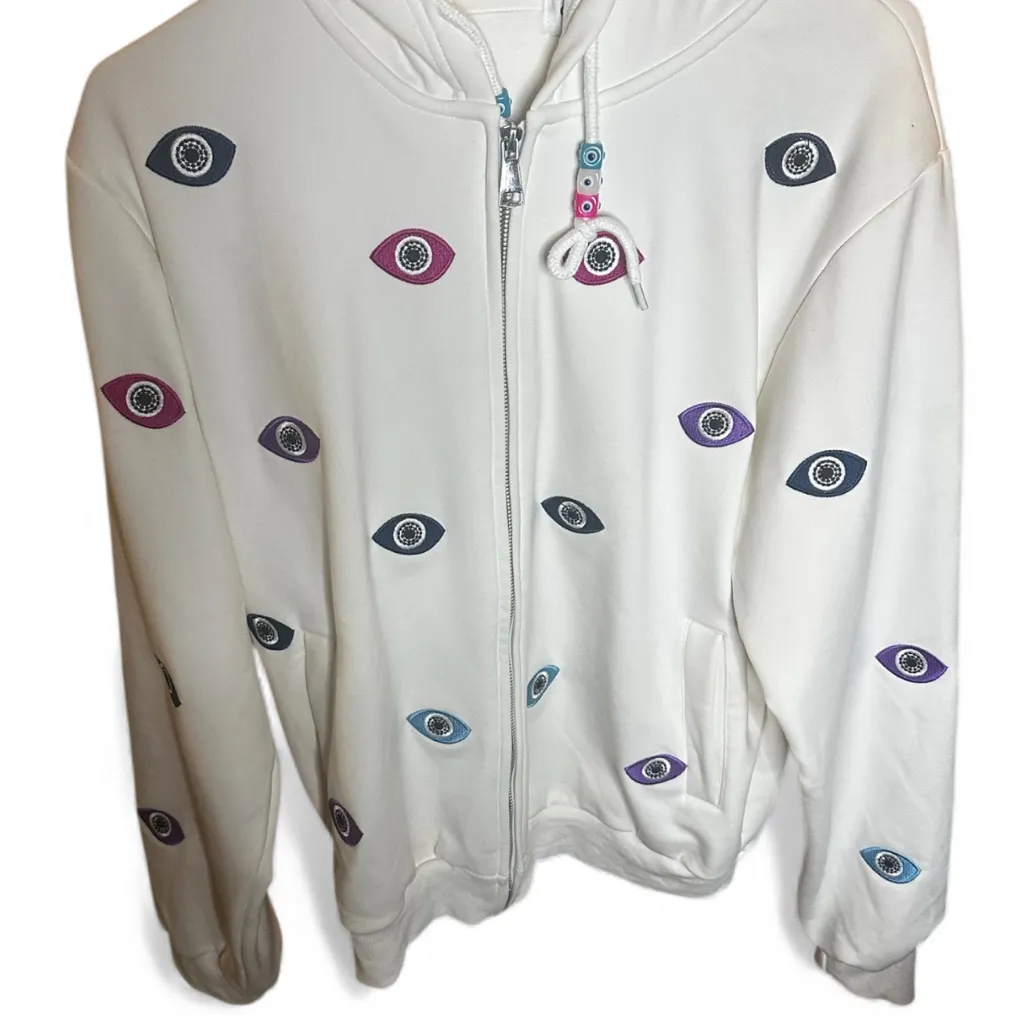 Lola and the boys White Hoodie with Colorful Eye Pattern. Size M - Image 2