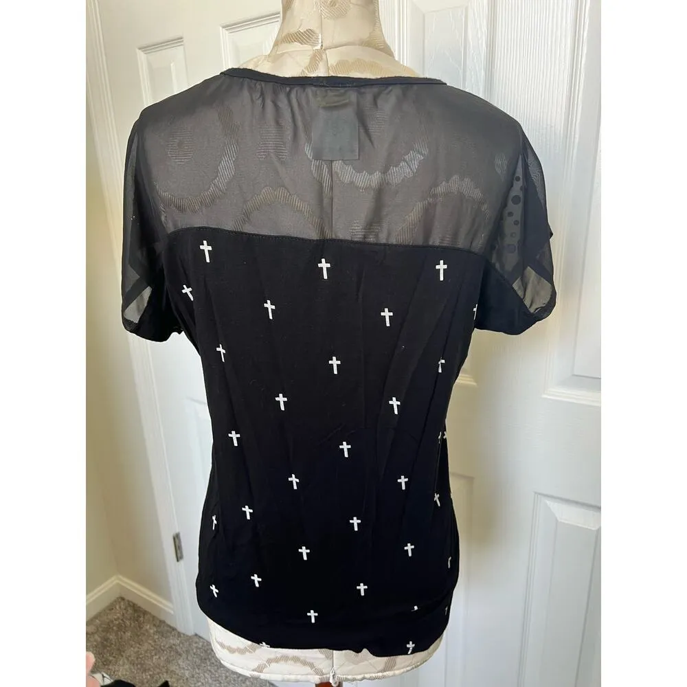 Vocal Cross Short Sleeve Top with Sheer Upper Layer + Studded Sleeves Small - Image 5