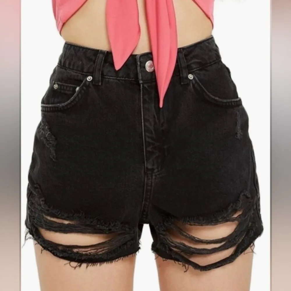 Topshop Moto Mom shorts distressed frayed raw hem washed black 10 - Image 2